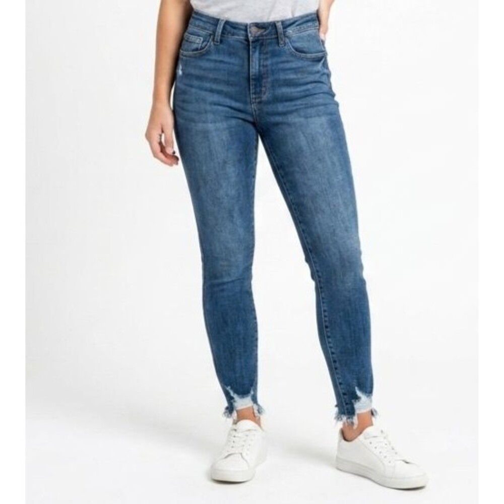 Judy Blue High Rise Tummy Control Skinny Jeans Distressed Hem 13/31 30x26 EUC